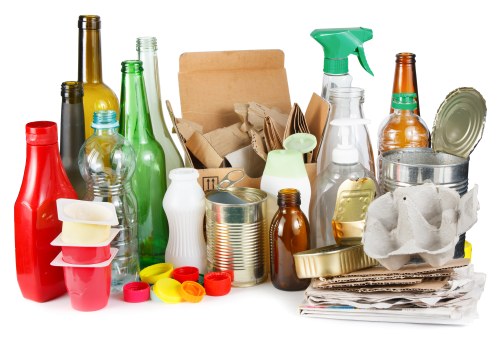 A collection of various discarded household items and packaging materials, including glass bottles in green, amber, and clear, a red plastic bottle, aluminum cans, and a white plastic spray bottle, all arranged on a flat surface with some crumpled paper and paperboard boxes amidst them. The background is plain white, emphasizing the assortment of waste items, which are typical of rubbish cleared from domestic or small commercial environments. The items display different textures, such as the smooth glass, the matte plastic containers, and the crinkled paper, reflecting typical refuse collected by rubbish removal services in Beckenham. This detailed image illustrates the type of waste handled by Office Clearance Beckenham, focusing on recyclable packaging and household waste, with prominence given to bottles, cans, and paper waste, representative of rubbish removal tasks in the local area. The scene is evenly lit with no shadows, highlighting the variety and condition of the items, supporting professional waste collection and disposal operations in the vicinity of postcode area BR3.